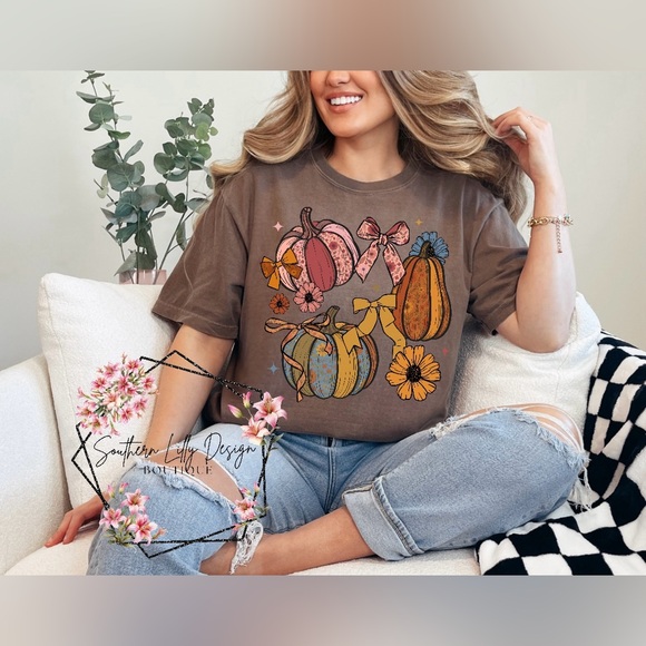 Comfort Colors Tops - Comfort Colors Brown Graphic Tee with Colorful Pumpkins